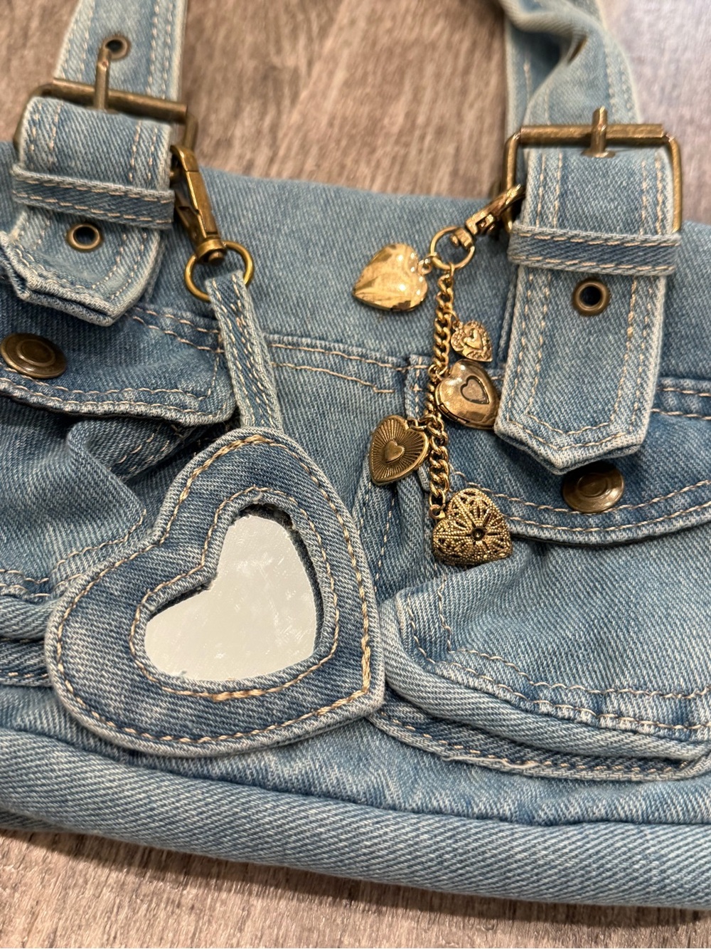 Urban Outfitters BDG Y2K Denim Shoulder Bag Blue Heart Mirror Charm - Picture 9 of 9